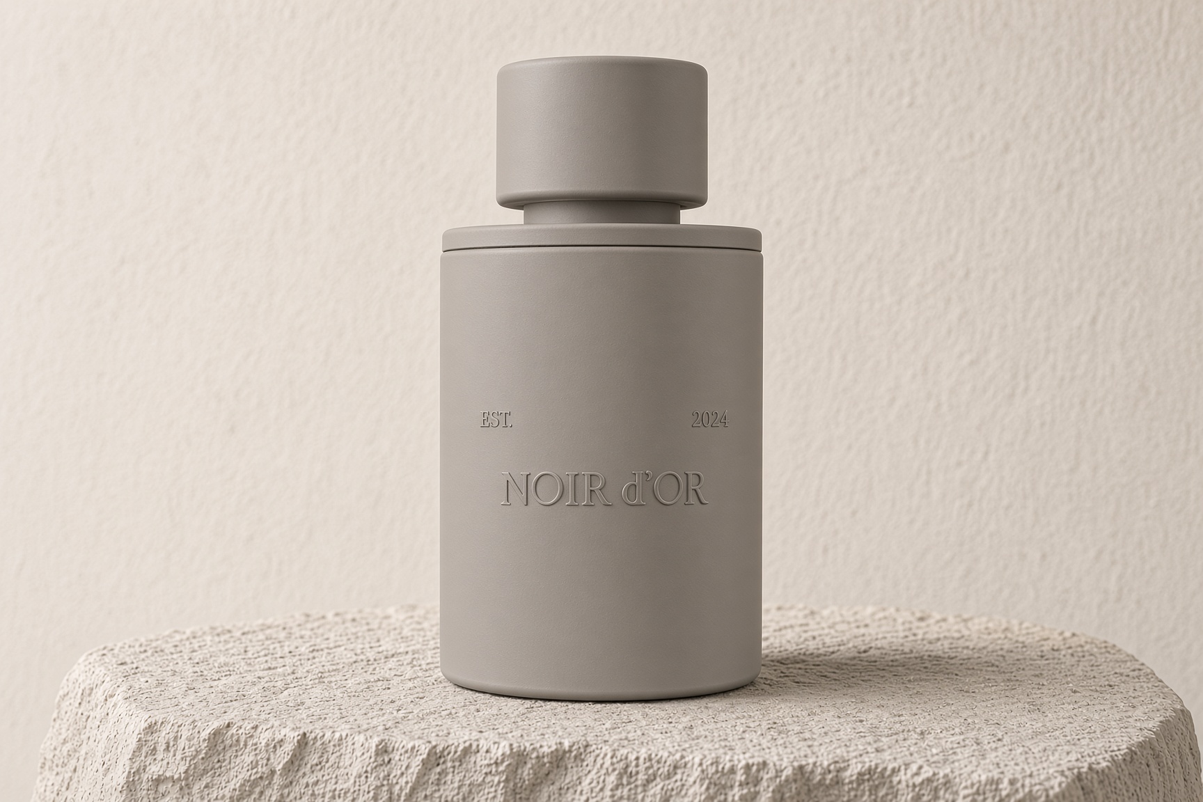 Matt stengrå flaska Noir d'Or, unisex, på ljus kalksten.